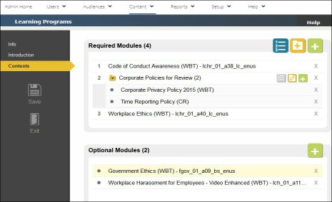 learning programs page, contents tab